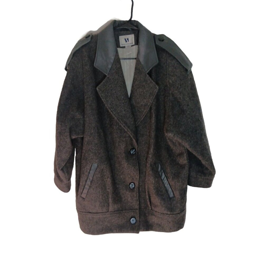 Vtg David Benjamin 100% Wool Coat Womens Juniors 13 Gray Leather Trim Epaulettes